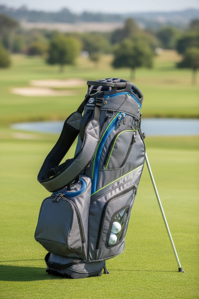 A grey golf stand bag with blue and lime green accents sits on a green golf course with two golf balls visible in a clear side pocket.