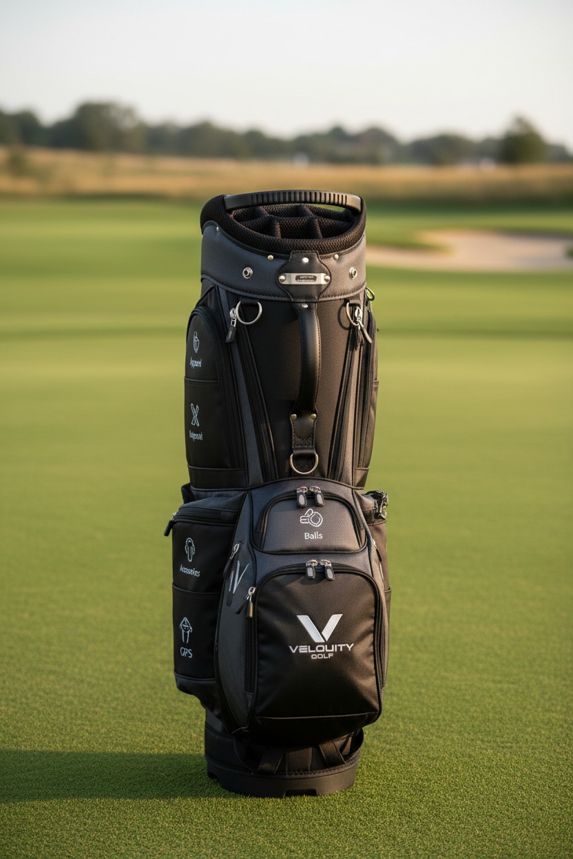 A black Velouity Golf cart bag stands upright on a green golf course fairway.