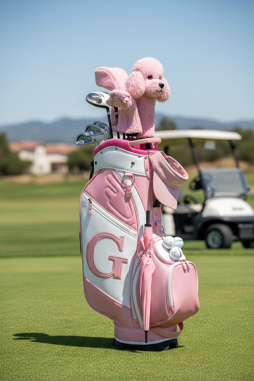 A pink and white golf bag featuring a poodle-shaped club cover stands on a golf course with a golf cart in the background.